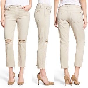 7 For All Mankind Cream Beige Distressed Slim Straight Jeans